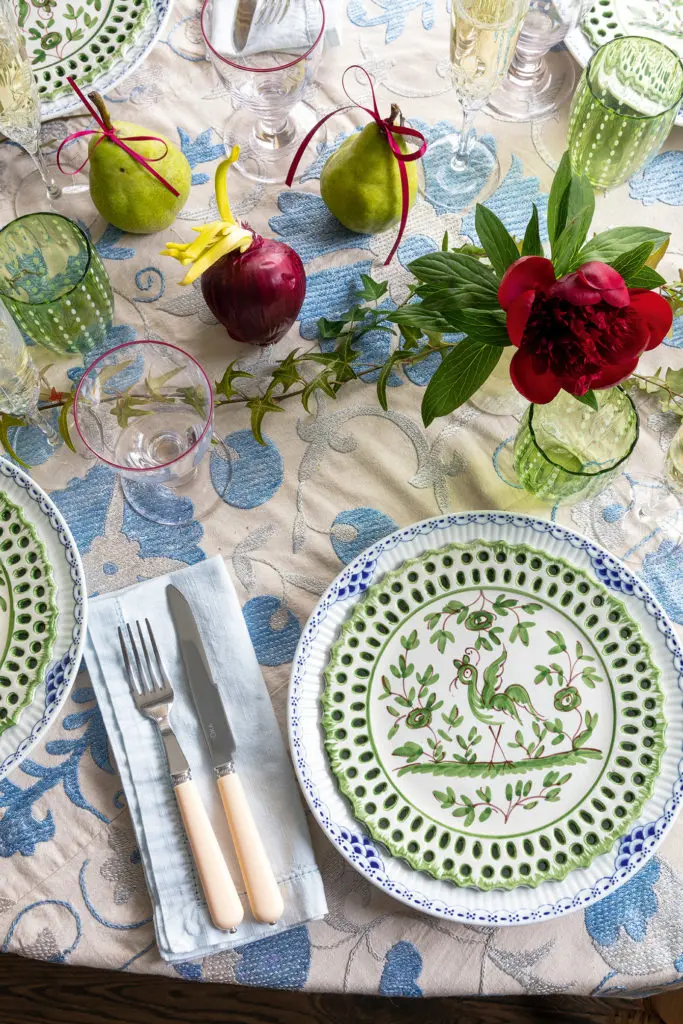 Ariel Okin's table with a vintage suzani as a tablecloth is part of the illustrated talk and book signing at Longoria Collection, Thursday, 10 am.