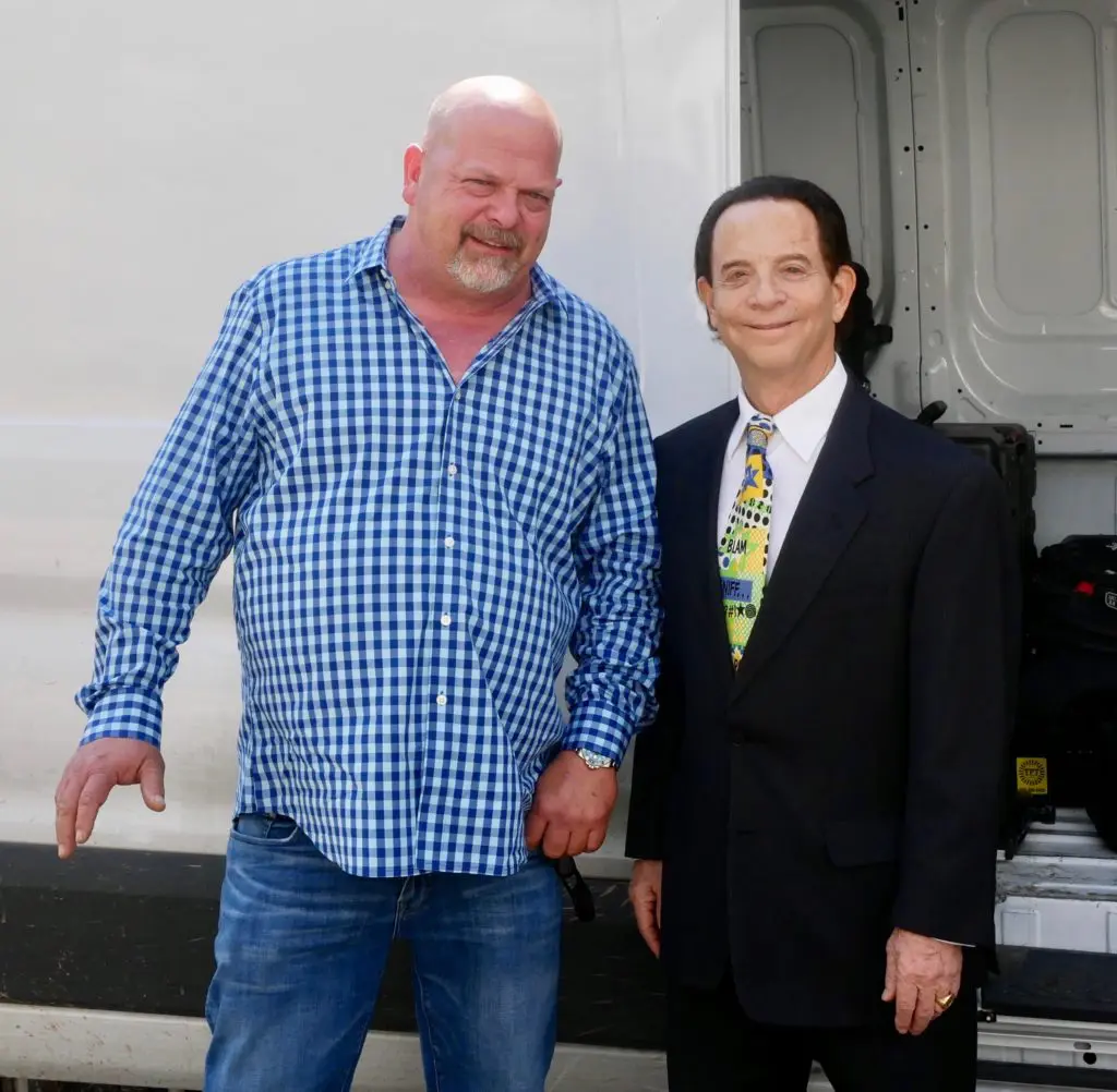 Pawn Stars' Rick Harrison and Lester Marks, moments before filming began on a segment that aired in May 2023 on The History Channel.