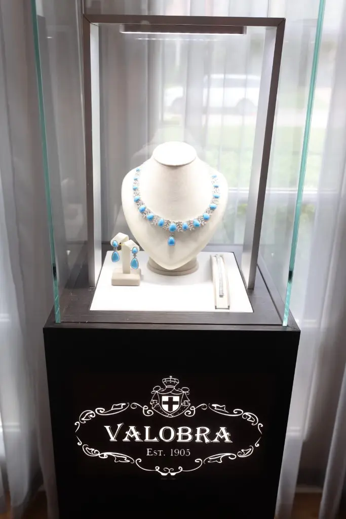 Turquoise and diamonds from Valobra Master Jewelers collection on display at the spring luncheon féte. (Photo by Quy Tran)