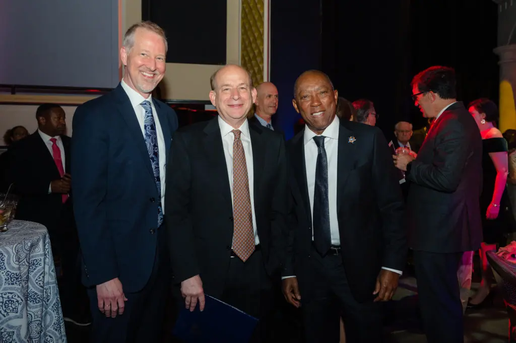 Shepherd School of Musice Dean Matthew Loden, Rice president David Leebron, Mayor Sylvester Turner at Rice University's 'A Celebration for Brockman Hall for Opera' (Photo by Jeff Fitlow)