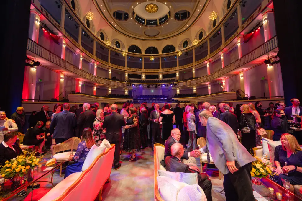 The dramatic view to the gallery from the VIP reception on stage at Morrison Theater in the Brockman Hall for Opera at Rice University. (Photo by Jeff Fitlow)