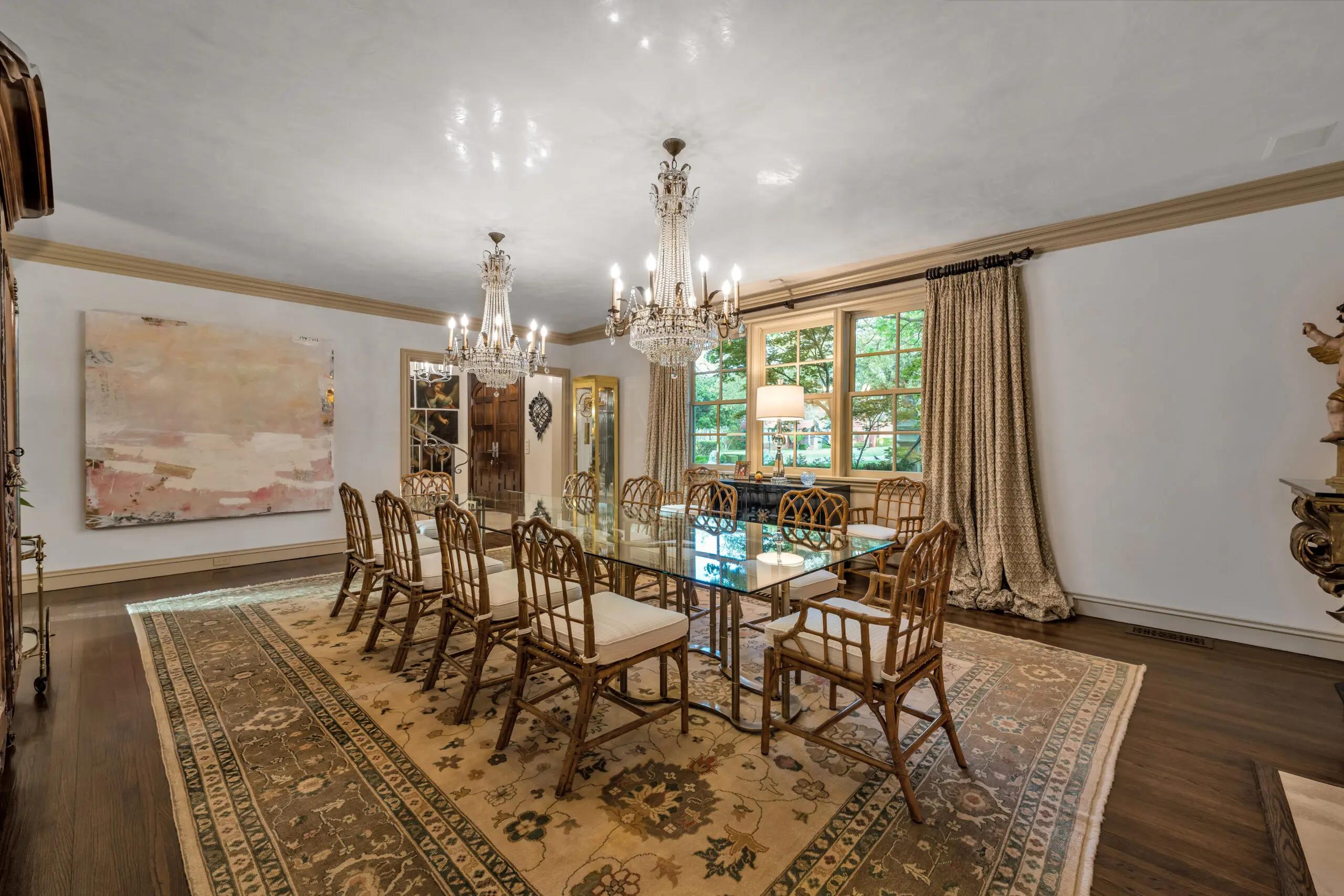 2710 – Chandeliers glow in the Venetian plastered ceiling of the formal dining room.