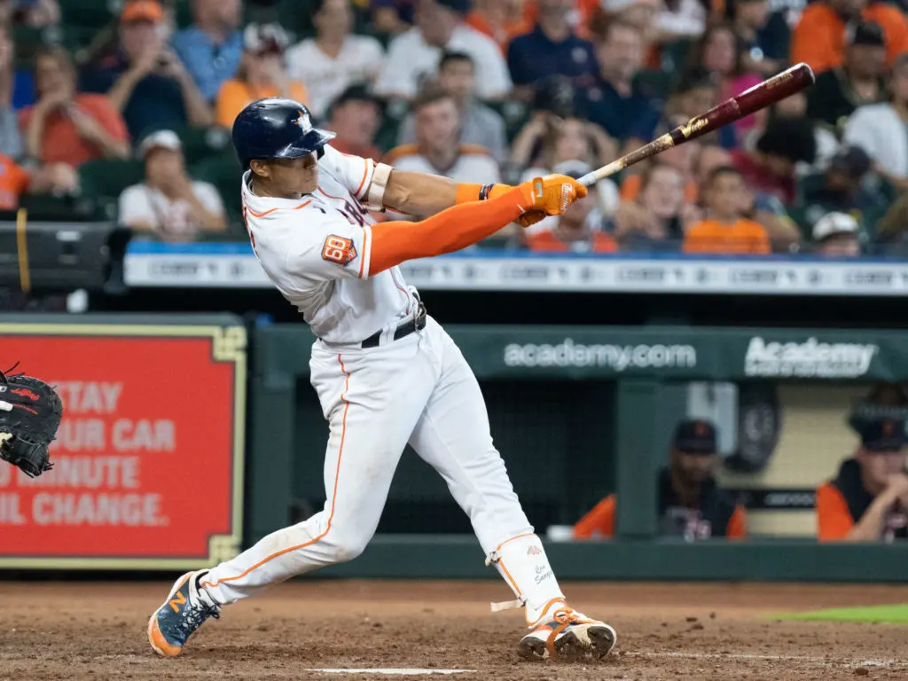 Jeremy Pena's distinctive one long orange sleeve is just part of this Astros rookie's swag. (Photo by F. Carter Smith)