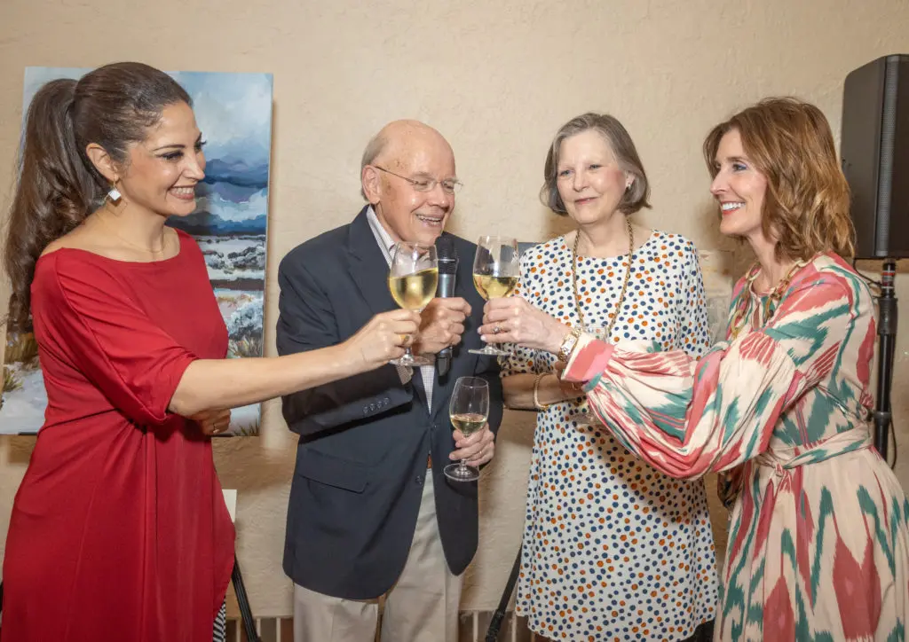 Kinder HSPVA principal Dr. Priscilla Rivas, celebration chairs Bob Eury and Karen Ostrum George, honoree Phoebe Tudor share a toast at the HSPVA 50th anniversary celebration  (Photo by Katy Anderson)