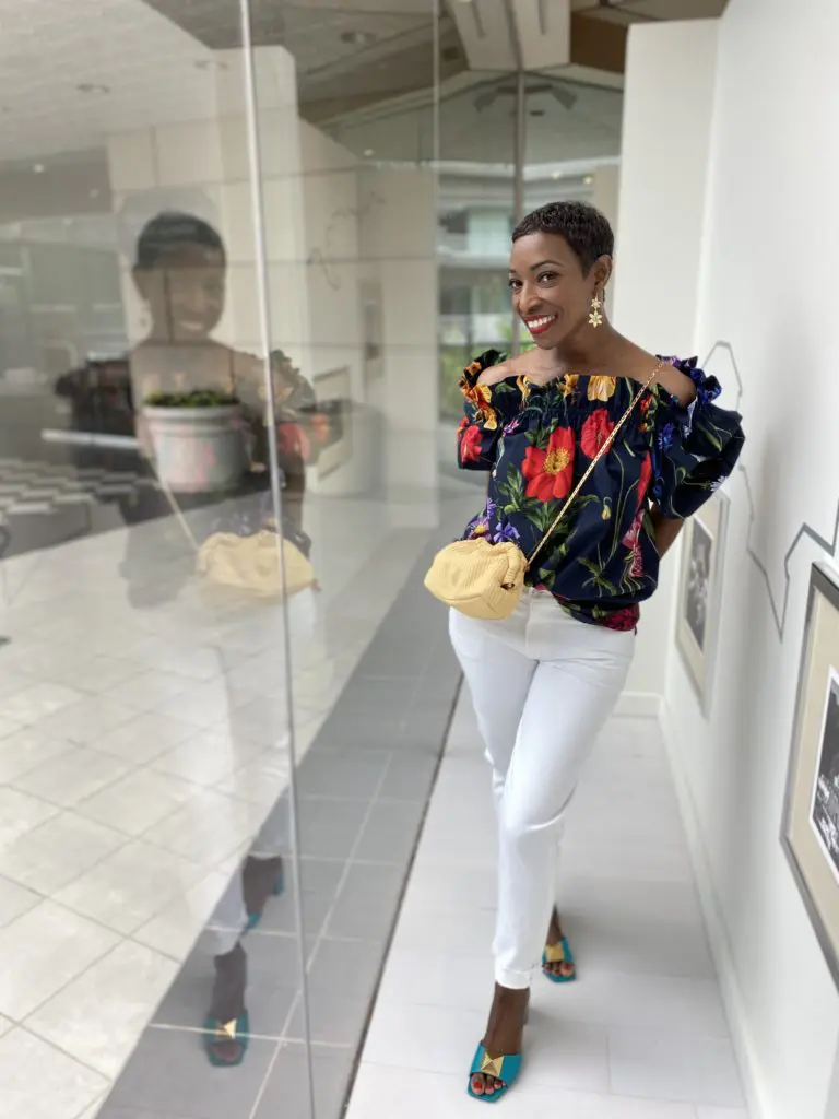 Oscar De La Renta Off-The-Shoulder Blouse, Citizens of Humanity White Jeans, Mansur Gavriel Straw Bag, Valentino Shoes, Sylva & Cie Earrings.