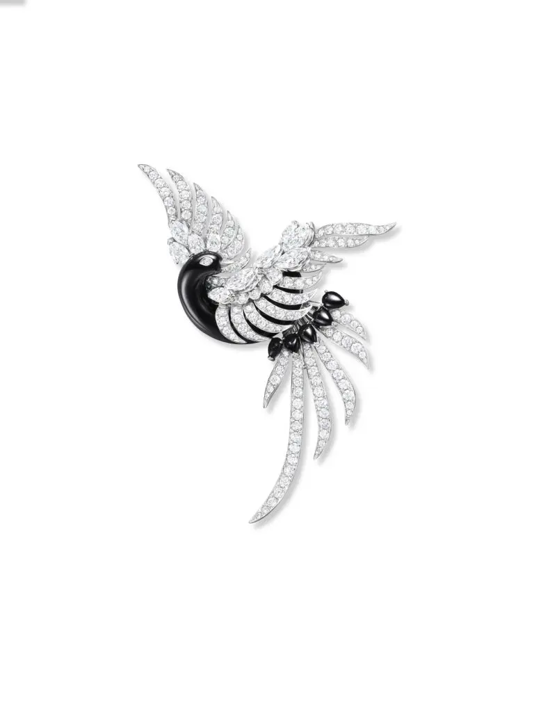 Harry Winston Black Necked Crane brooch from the Marvelous Creations Collection with hand-carved onyx and round brilliant, pear-shaped, and marquise diamonds, set in platinum.