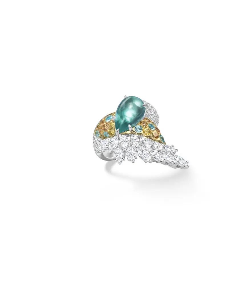Harry Winston Ruddy Duck ring from the Marvelous Creations Collection with pear-shaped Paraiba tourmaline, pavé-set yellow sapphires and spessartites, and marquise-diamond-cluster accents for the wings, set in 18K yellow gold and platinum.