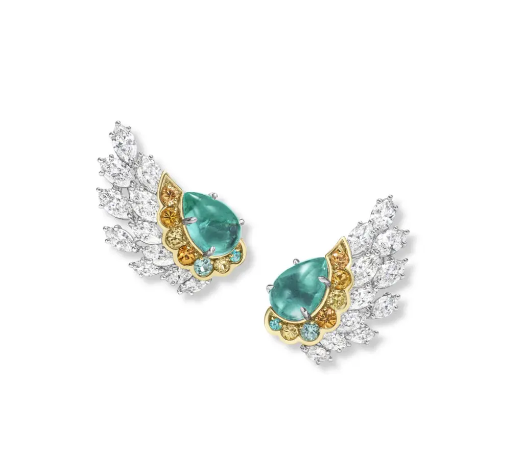 Harry Winston Ruddy Duck earrings from the Marvelous Creations Collection with pear-shaped Paraiba tourmalines, pavé-set yellow sapphires and spessartites, and marquise-diamond-cluster accents for the wings, set in 18K yellow gold and platinum.
