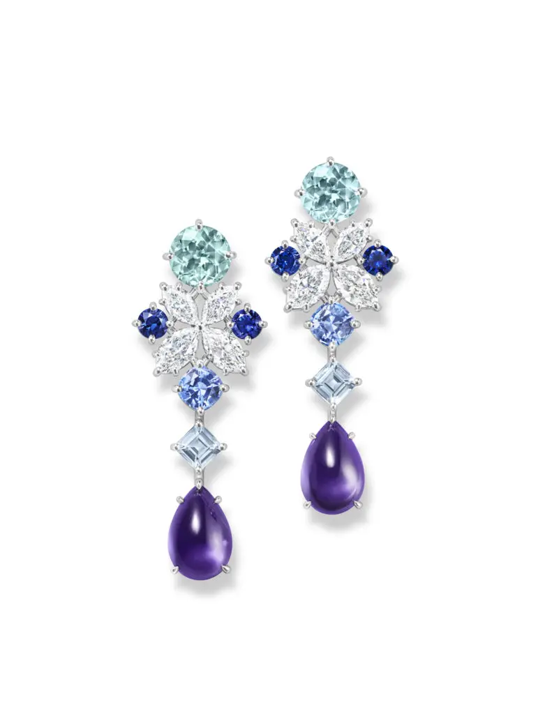 Harry Winston Purple Marquesa earrings from the Marvelous Creations Collection with Paraiba tourmalines, purple and blue sapphires, aquamarines, and diamonds, set in platinum.