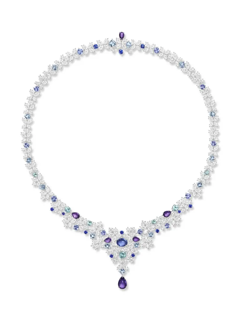 Harry Winston Purple Marquesa necklace from the Marvelous Creations Collection with Paraiba tourmalines, purple and blue sapphires, aquamarines, and diamonds, set in platinum.