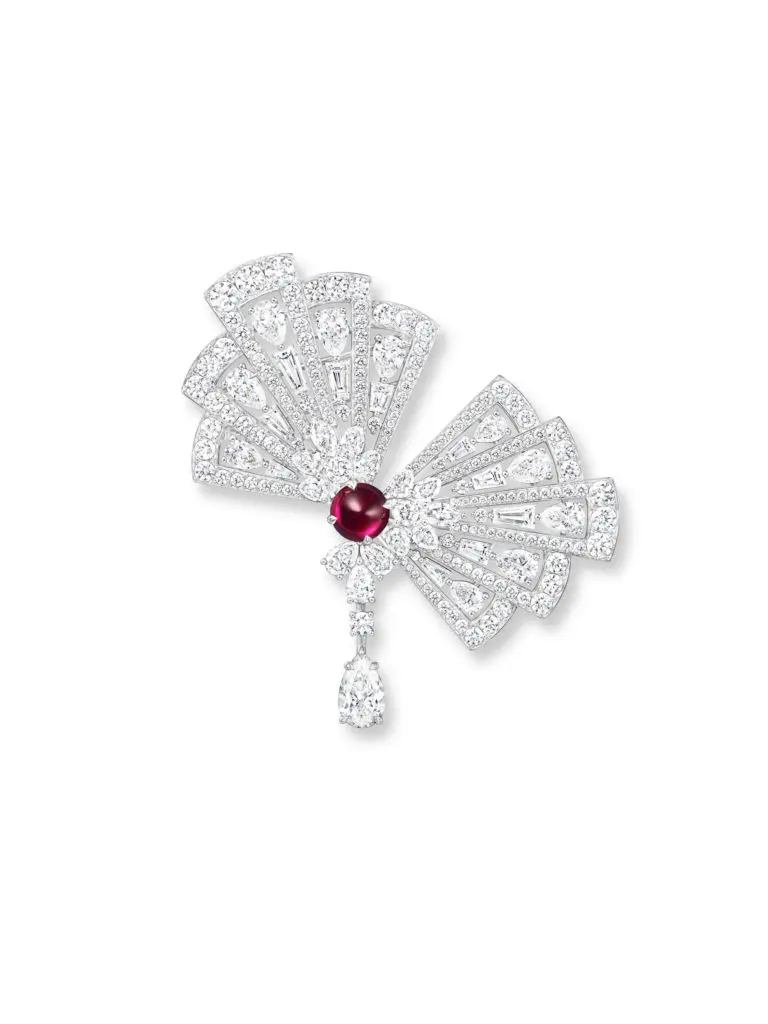 Harry Winston Betta Fish brooch from the Marvelous Creations Collection with 1.85-carat ruby cabochon and round brilliant, pear-shaped, tapered baguettes, and marquise diamonds, set in platinum.