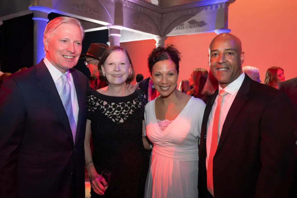 Larry & Karen George, Paula & Reggie DesRoches, incoming Rice University president, at the university's 'A Celebration for Brockman Hall for Opera' (Photo by Jeff Fitlow)