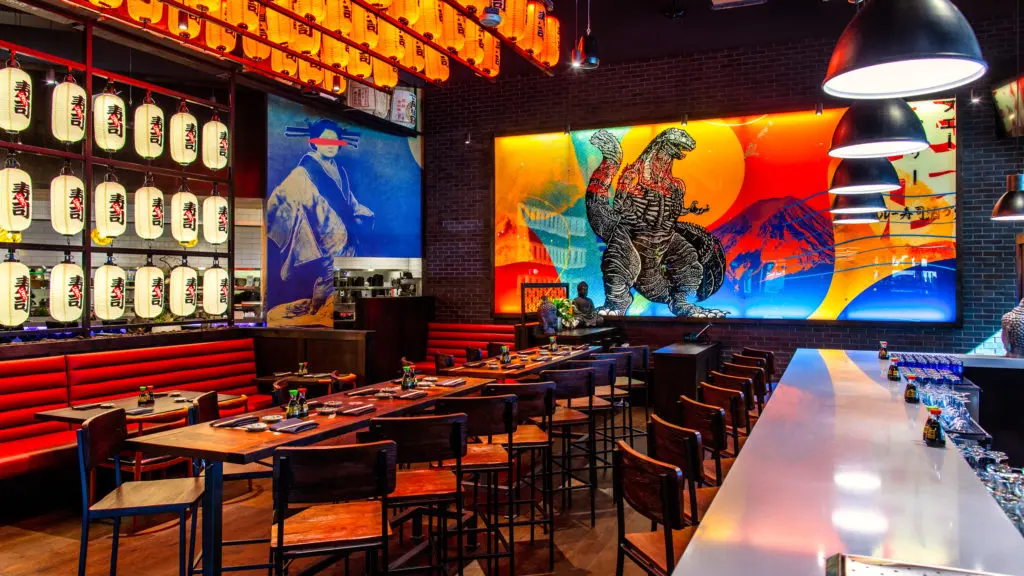 Inside the splashy interiors of the new Blue Sushi Sake Grill restaurant located in the M-K-T development at the edge of the Houston Heights. (Courtesy of Flagship Restaurant Group)