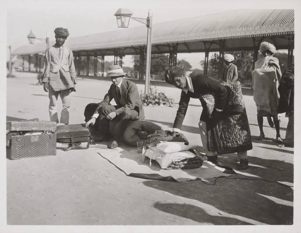 Jacques Cartier on a train platform in India, 1911 (photograph from his travel diaries)
