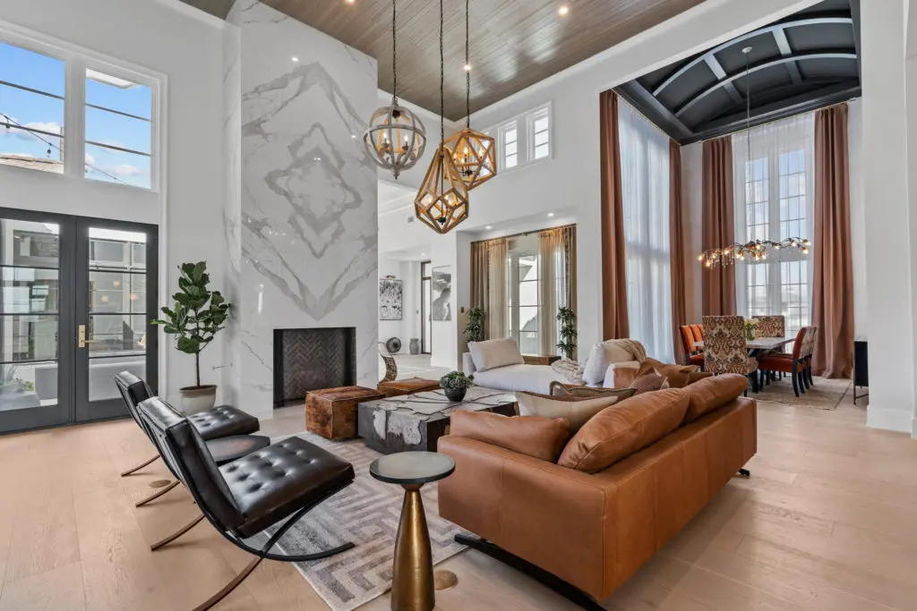 The great room is open to the kitchen and dining beyond.