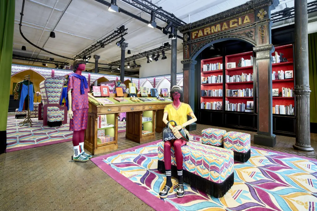 The adidas X Gucci pop-up in the Galleria Gucci boutique has the same design features as this installation in the SoHo boutique.