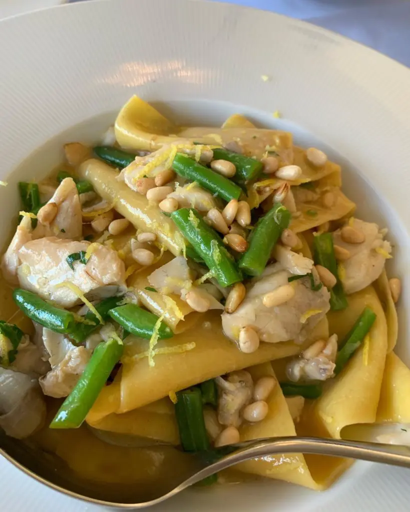 Lasagnetti is a delicate dish made with wide pasta ribbons tossed with branzino, pine nuts, and Romano beans in a light white wine sauce ($20). (Photo by Laurann Claridge)