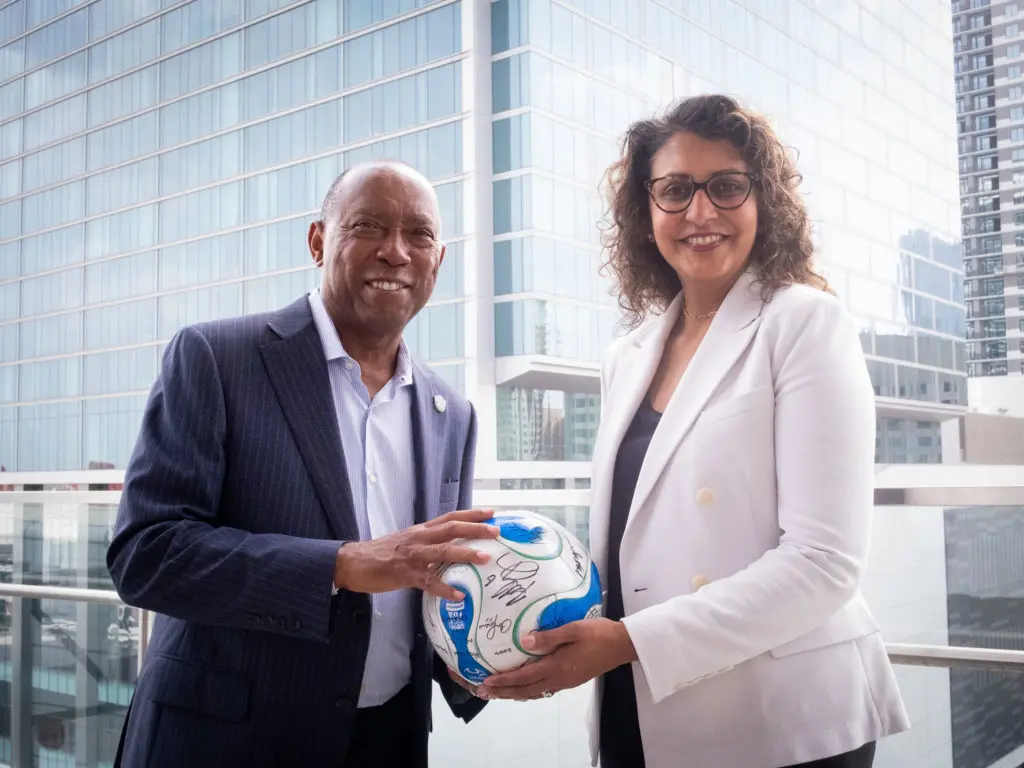 Houston Mayor Sylvester Turner and Houston Sports Authority CEO Janis Burke enjoyed the World Cup moment, 2022. (Photo F. Carter Smith)
