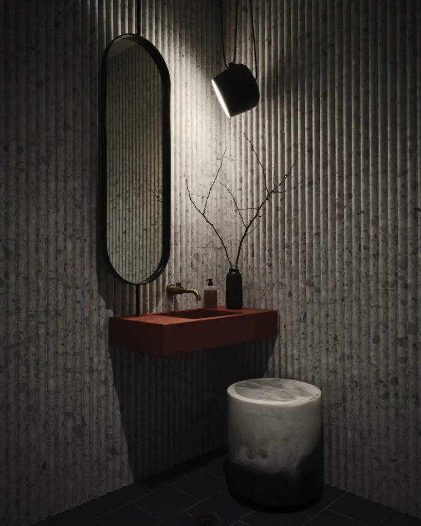 With Ann Sacks terrazzo and a Kast concrete basin, even the bathrooms are chic at Sassetta. (Photo by Douglas Friedman)