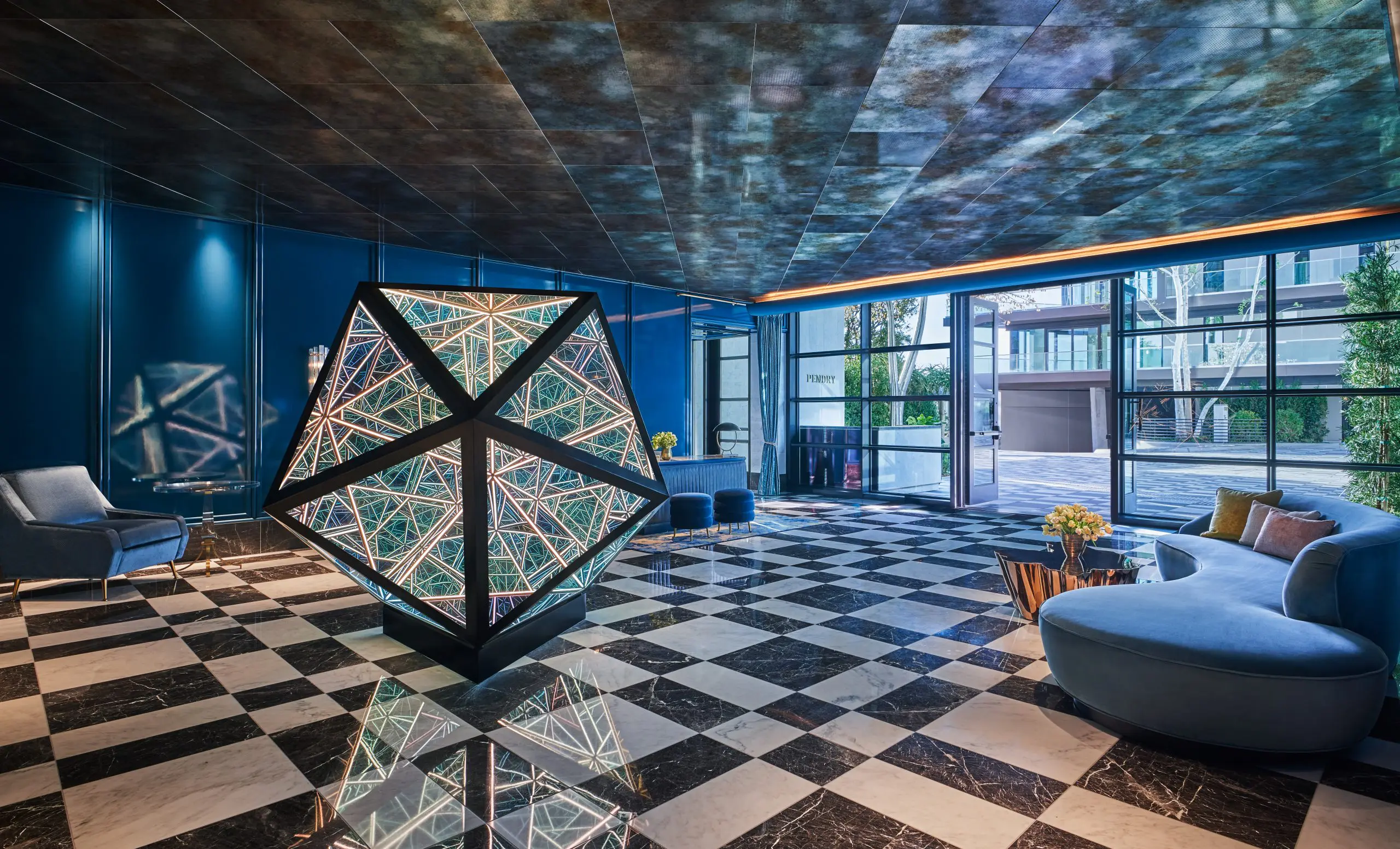 The lobby which is home to Anthony James' monumental sculpture "70' Icosahedron" (Photo by Christian Horan)