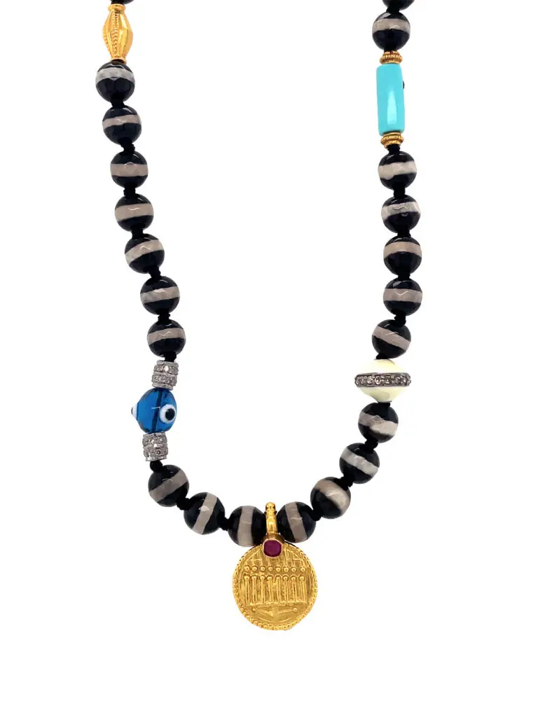 Ileana Makri Striped Black Agate and Multi-Color Stone Beaded Charm Necklace.