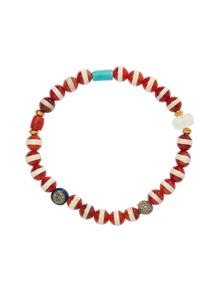 Ileana Makri Striped Brown Agate Pave Ball and Pave Evil Eye Beaded Bracelet.