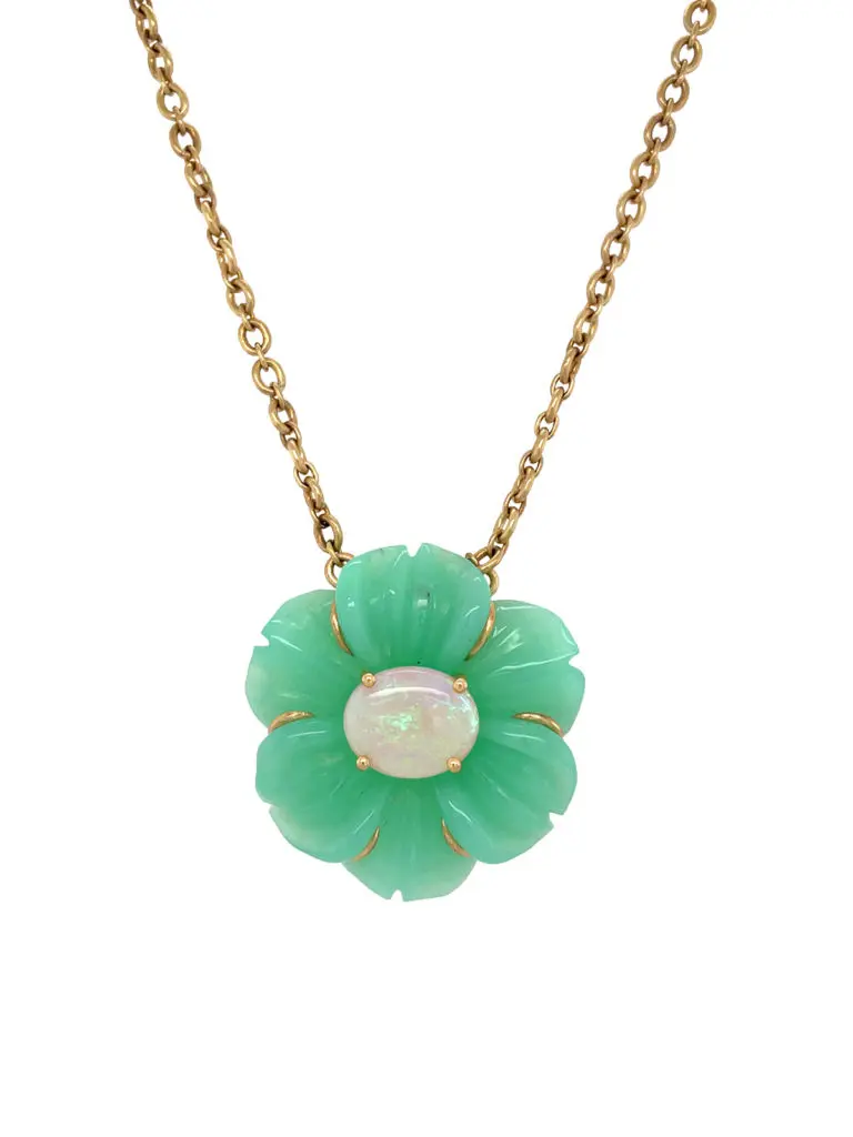 Irene Neuwirth Carved Chrysoprase and Opal Tropical Flower Yellow Gold Necklace.