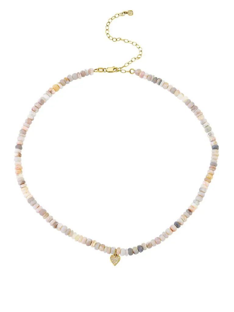 Sydney Evan Diamond Baby Heart Charm on Grapolite Beaded Yellow Gold Necklace.