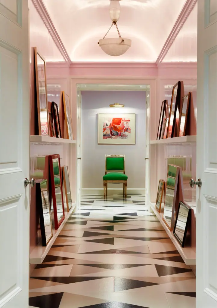 For a Lake Shore Drive co-op in Chicago, Summer Thornton created a hallway that’s a surprising winner. “When I first saw it, it was like a tired old workhorse, dragging you along from the public spaces to the private ones. It was dark, with beige walls and brown stone floors. Honestly, it felt like a punishment just to walk to the bedroom. I had this mad idea to paint the floor with a geometric pattern, but without any obvious repeats. Then we used a pale lavender lacquer on the walls to let light bounce everywhere." (Photo by Thomas Loof)