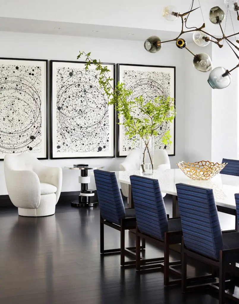 A high-rise apartment designed by Jamie Drake and Caleb Anderson for an Elle Decor feature in June 2017, with styling by Robert Rufino.