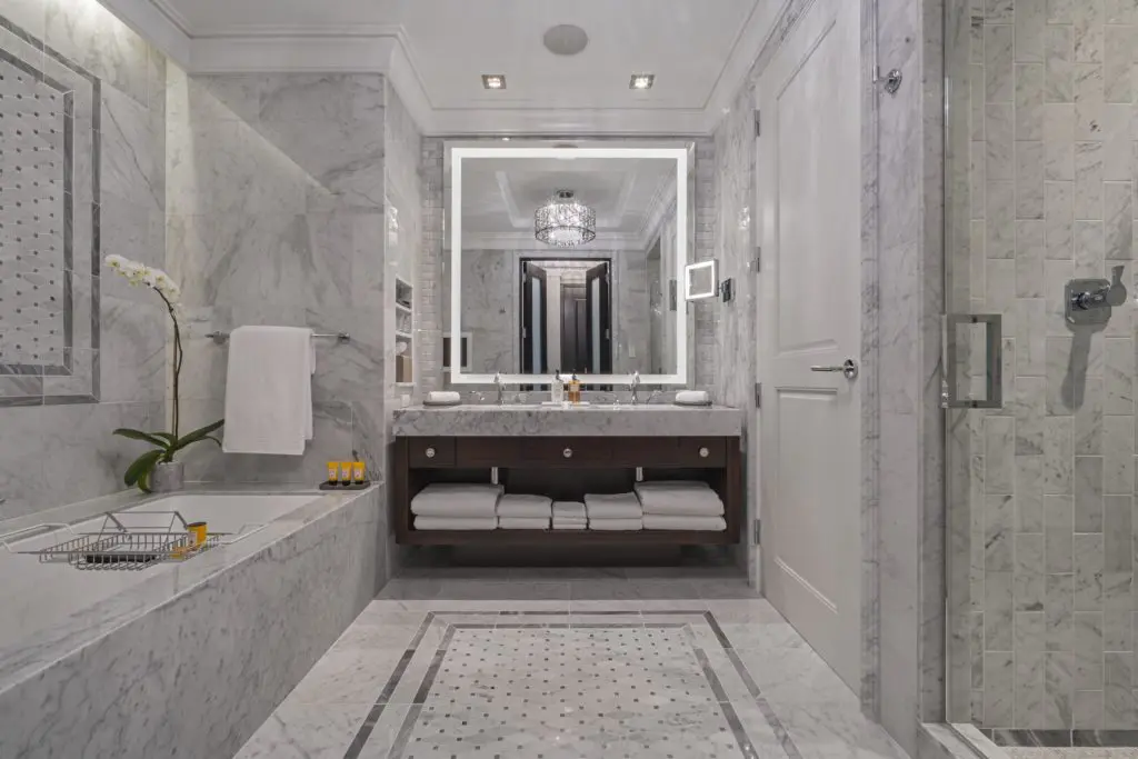 One of the posh bathrooms at the award-winning Post Oak Hotel at Uptown Houston.