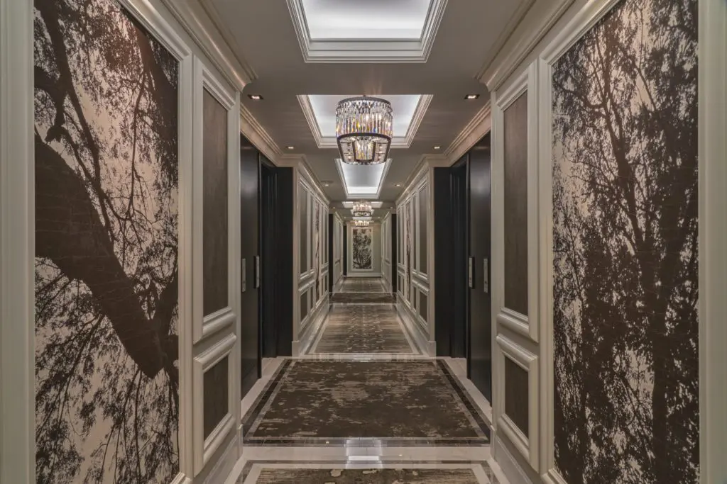 A swank guest room hallway at the award-winning Post Oak Hotel at Uptown Houston.