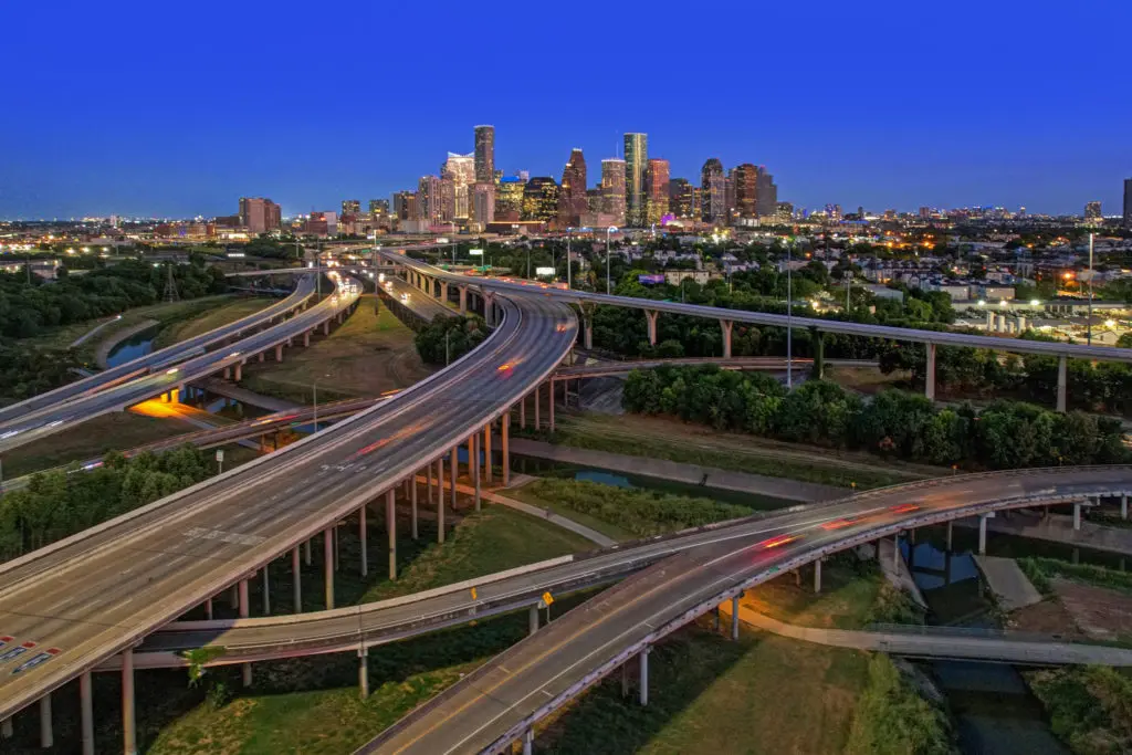 
Views to downtown Houston from the penthouse at 102 Quitman, where soundproof glass eliminates highway noise. (Photo by TK Images)