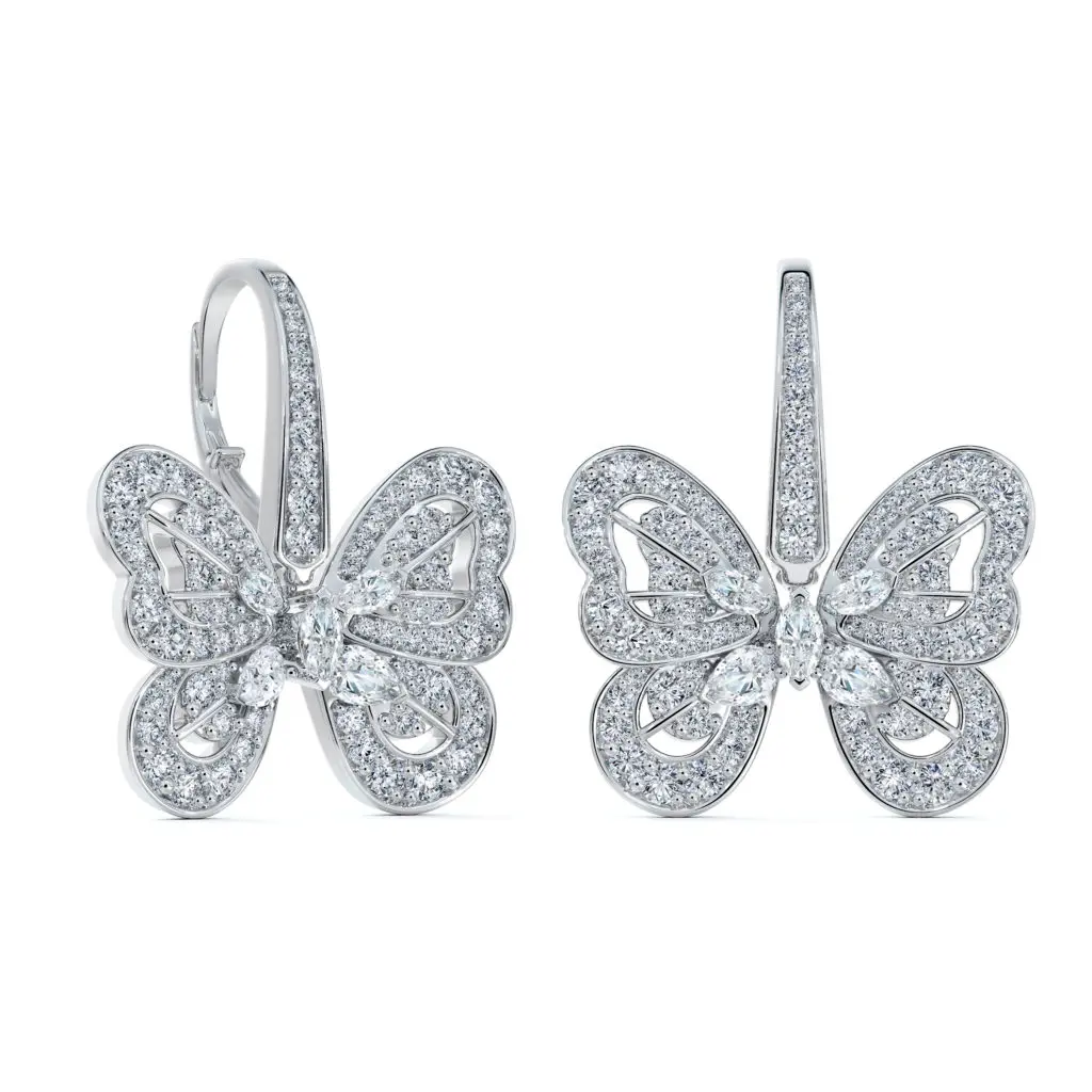 Modern elegance and free-spirited playfulness characterize the collection with pavé-set diamonds tracing the shapes of the butterfly’s wings.