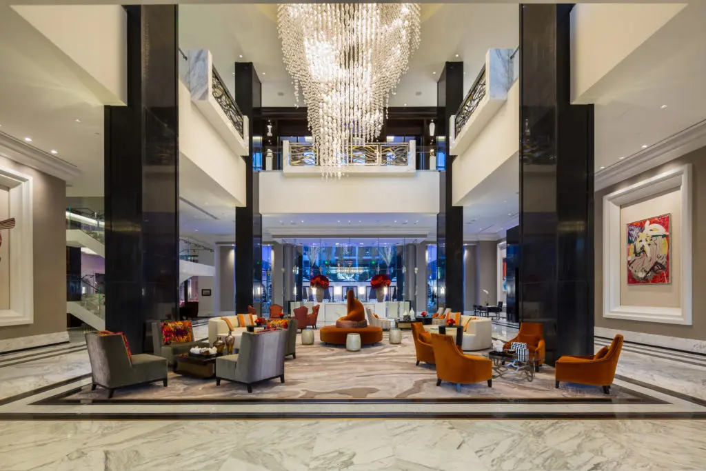 The swank lobby of the Post Oak Hotel at Uptown Houston sets the stage for the multiple-award winning hotel. 