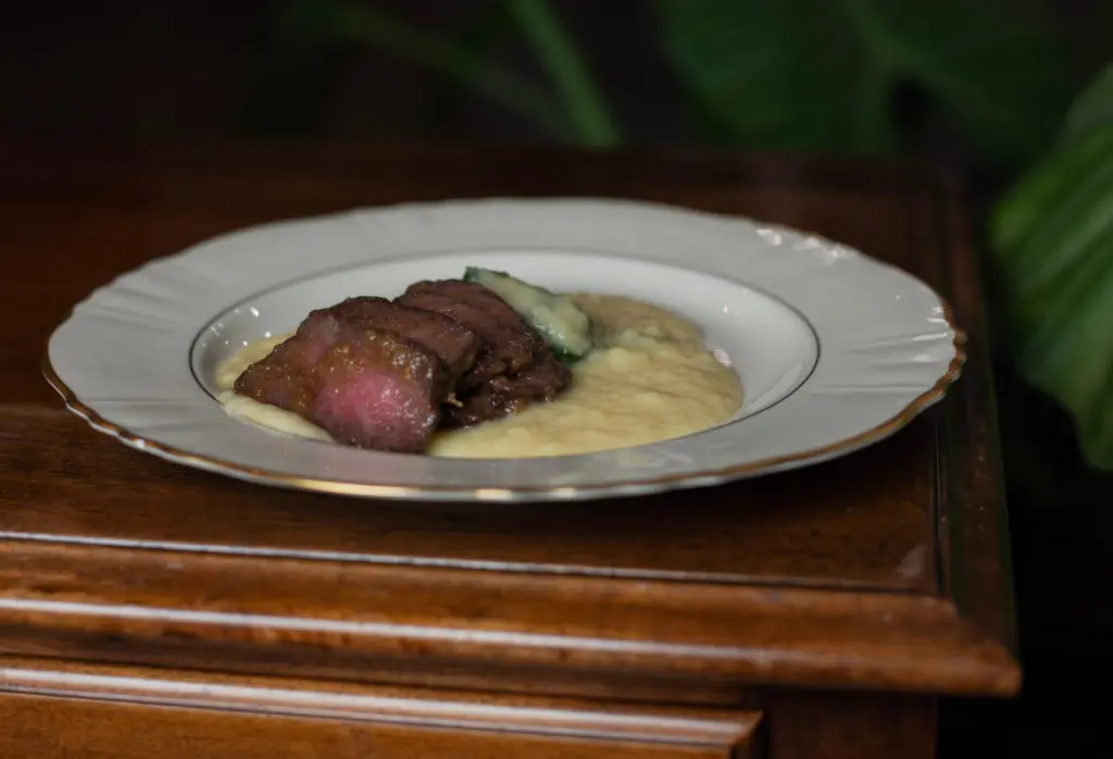 With larger portions than his prior dinners, Stacy has created a Smoked RC Ranch Wagyu with kalbi mustard greens and miso potato at his new ReikiNa pop-up. (Photo by  Dylan Scardino)