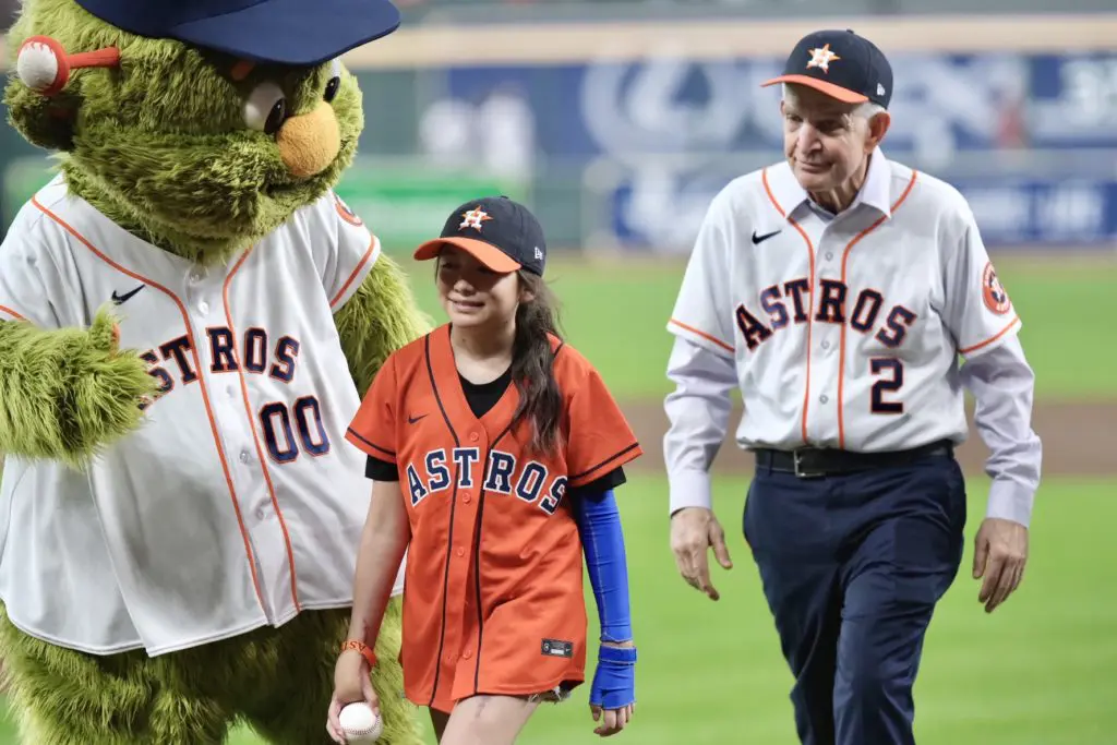 Courageous Uvalde survivor Mayah Zamora got to throw out the first pitch with an Orbit and Mattress Mack escort earlier this season. (Photo by F. Carter Smith)