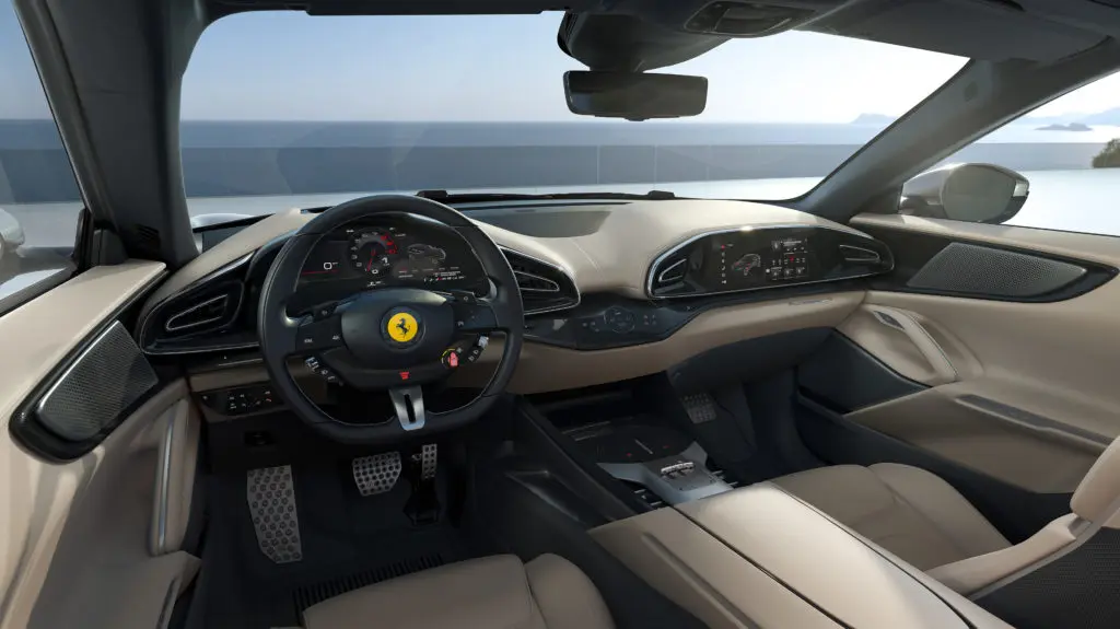 Despite the car's relatively high ride height (for a Ferrari), the seats are close to the floor to maintain the brand's traditional low-slung driving experience. (Courtesy Ferrari)
