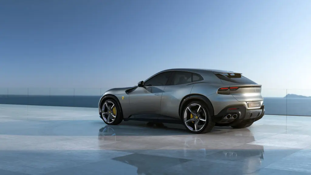 An all-new chassis features a weight-saving carbon fiber roof that lowers the Ferrari Purosangue's center of gravity. Its trunk holds a useful 16.7 cubic feet of luggage. (Courtesy Ferrari)