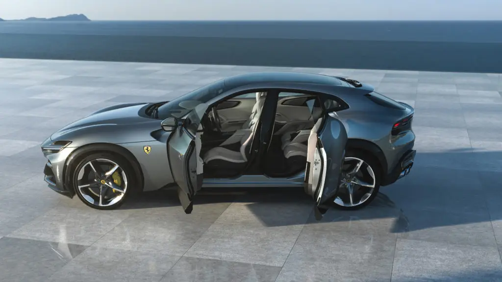 Rear-hinged back doors make ingress and egress easier while keeping the Ferrari Purosangue as compact as possible. (Courtesy Ferrari)