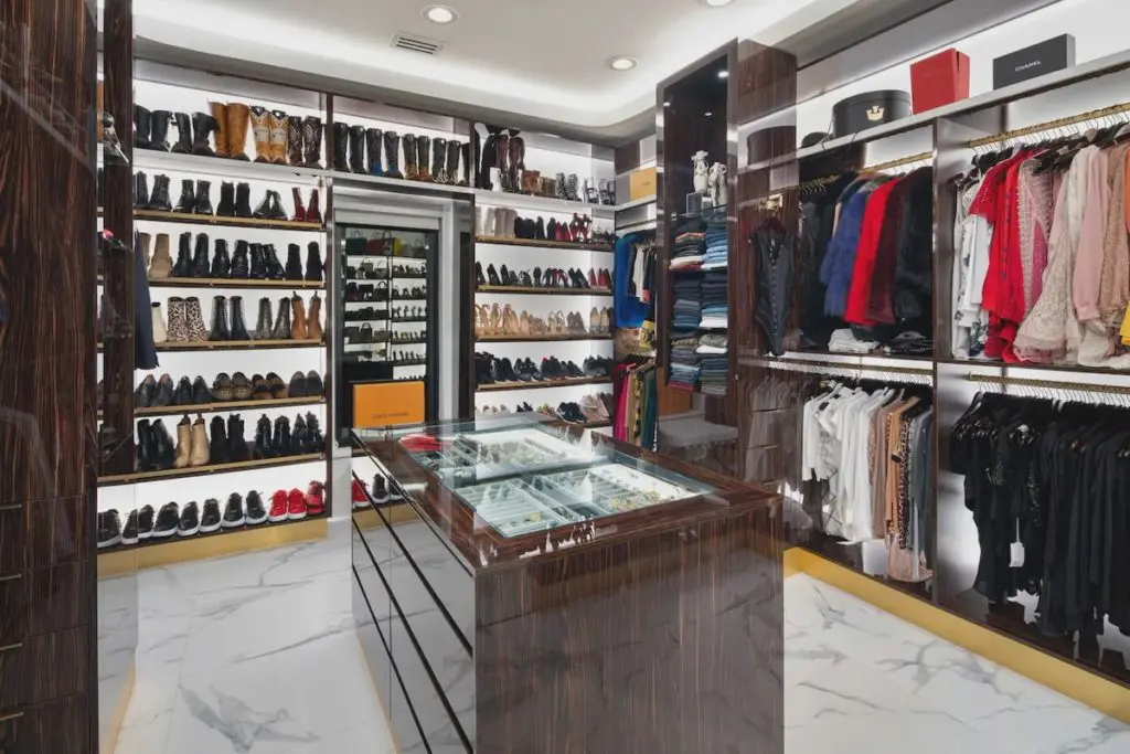 A walk-in closet off the master bathroom. 