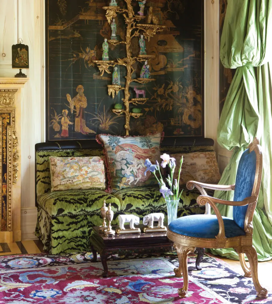 Molto Bevilacqua cut velvets include the green tiger stripe on the sofa of her country house. (Photography by Lisa Romerein)