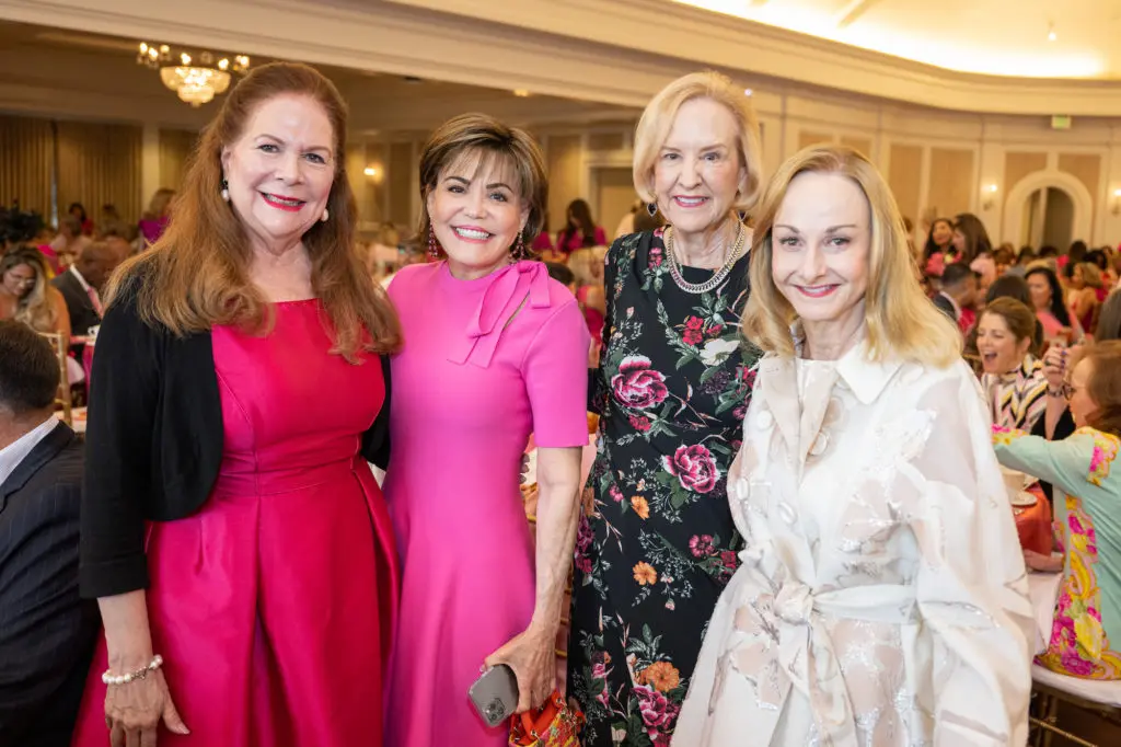 Barbara Van Postman, Hallie Vanderhider, Sue Burnett, Cherill Farnsworth at the American Cancer Society Tickled Prink luncheon (Photo by Fulton Davenport)