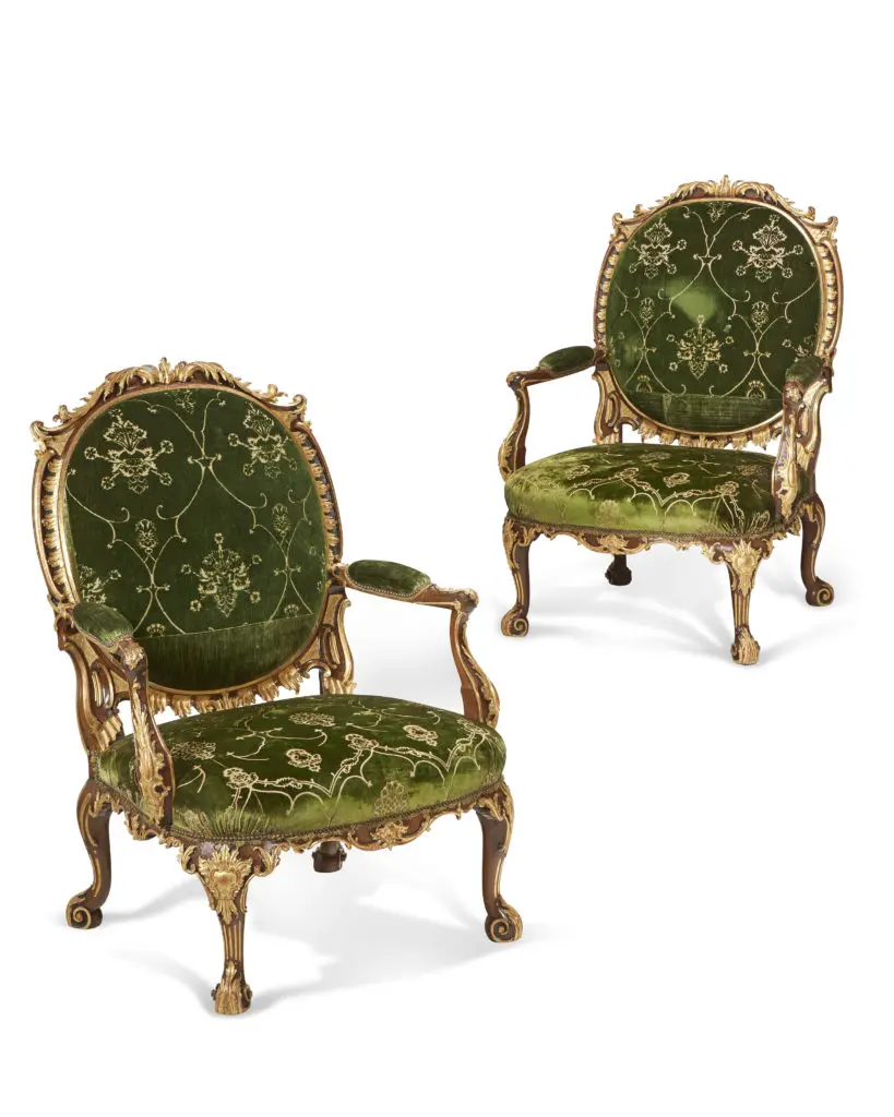 A Pair of George II Mahogany And Parcel-Gilt Armchairs