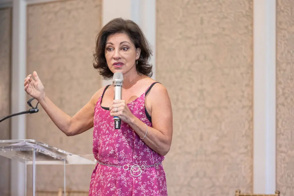 Guest speaker Valorie Kondos Field at the American Cancer Society's Tickled Pink luncheon (Photo by Fulton Davenport)