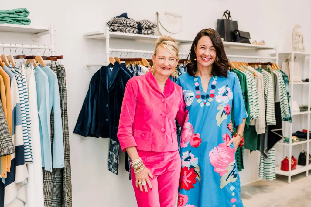 Frances Valentine founder and CEO Elyce Arons with Curate Capital founding and general partner Carrie Colbert  celebrating their partnership during the first anniversary of the River Oaks District boutique.