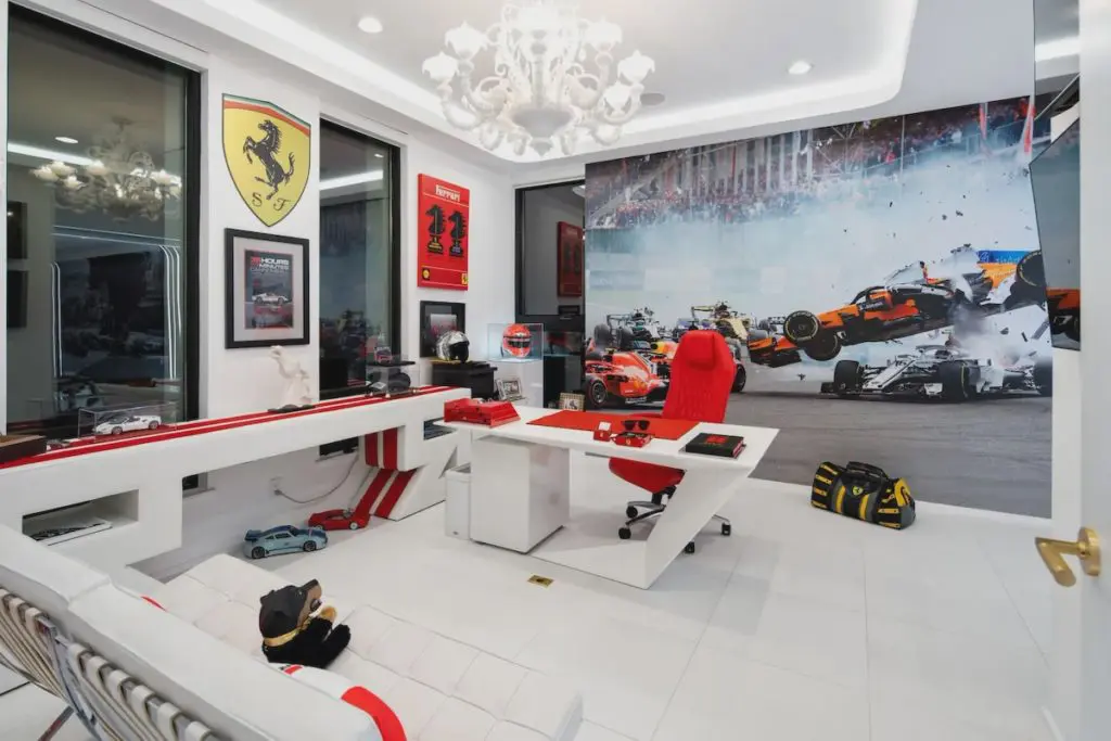 The Ferrari theme carries over to the home office. 