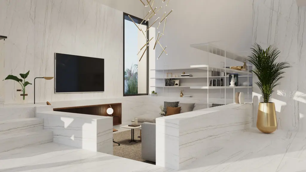 Dekton Onirika, one of eight designs Nina Magnon created for Cosentino's carbon neutral, sustainable surface easily confused with marble and appropriate for every room in the house. 