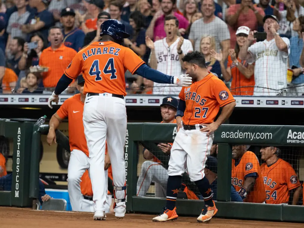 With Yordan Alvarez making moon shot home runs look ridiculously easy, Jose Altuve gave him the fake cold shoulder. (Photo by F. Carter Smith)
