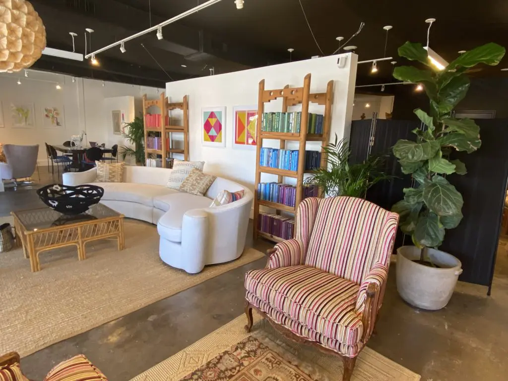 Vintage furnishings in the Mary Patton Design shop have been reimagined and reupholstered for new beginnings. The shop opens to the public in early January.